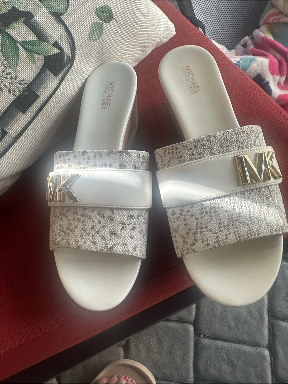 Michael Kors White and Beige Logo Slide Sandals